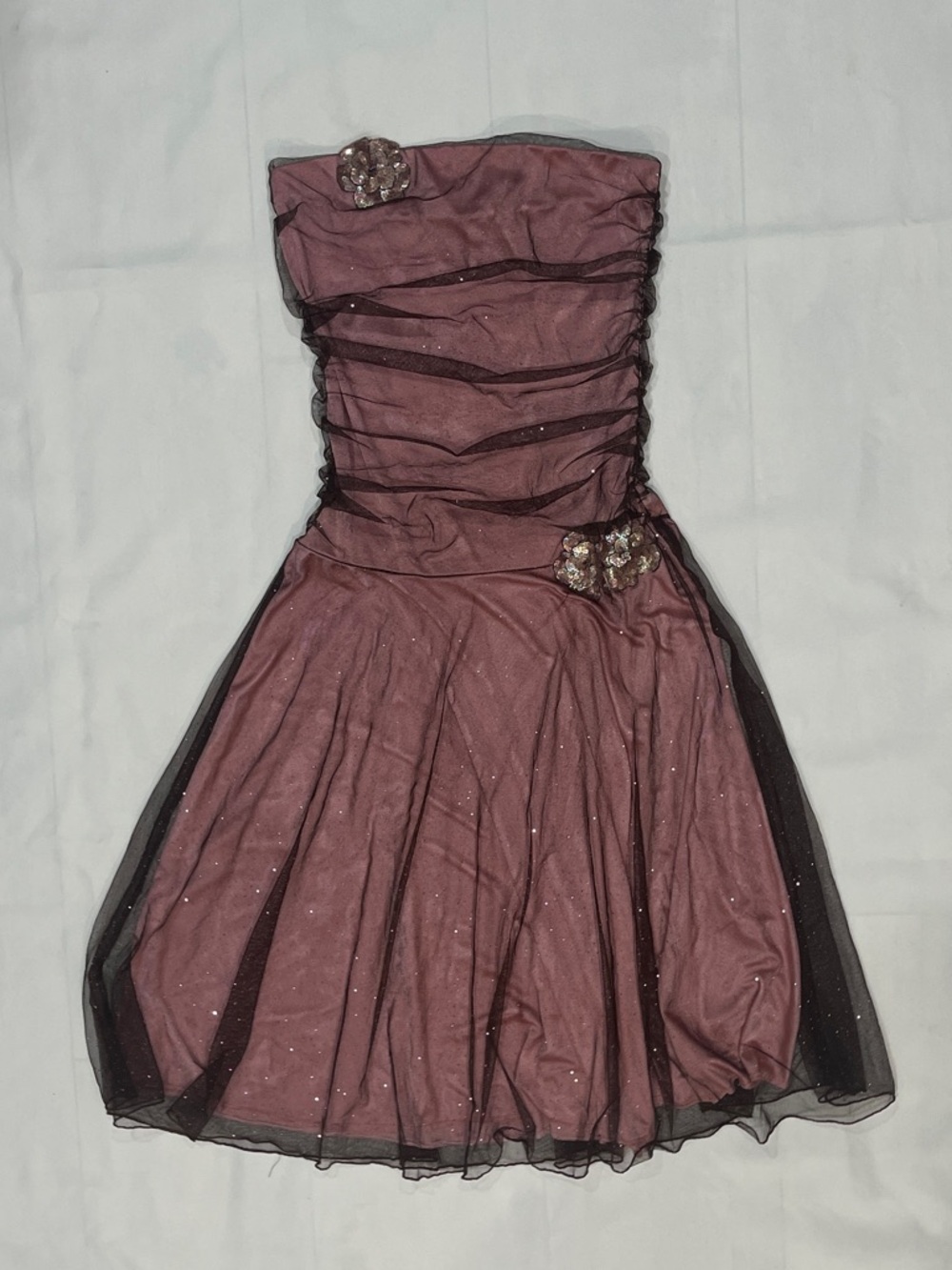 Strapless Dusty Rose Party Dress with Black Tulle Overlay